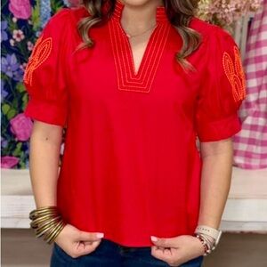 JODIFL Red Embroidered Puff-Sleeve Tunic Top